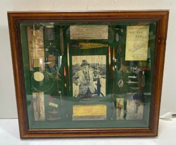 SHADOW BOX WITH FISHERMAN FISHING MEMORBILIA