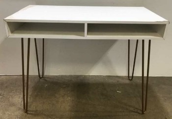 Modern White Wood Table With Open Drawers And Bronze Legs