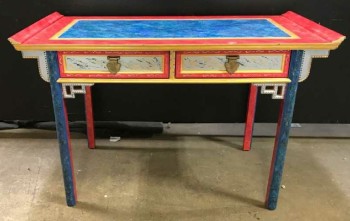 Century Brand, Home Wooden Desk Painted Yellow, Red, Blue, Brass Handles.