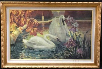 CANVAS ARTWORK CLEARED GOLD WOOD FRAME SWANS IN POND