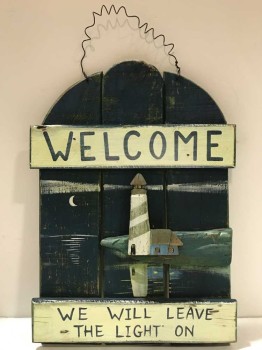 HANGING WALL ARTWORK, LIGHTHOUSE, "WELCOME, WE WILL LEAVE THE LIGHT ON"