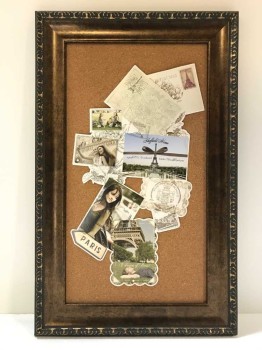 FRAMED ARTWORK, CLEARED. CORKBOARD, PARIS POSTCARDS