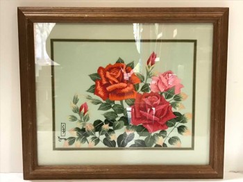 FRAMED CROSSSTICTCH BOTANICAL ARTWORK, CLEARED, ROSES