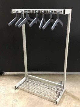 COATRACK, INDUSTRIAL, STAND ALONE CLOSET, HOTEL, MOTEL, RESTAURANT, RACK, WITH 7 PLASTIC COATHANGERS