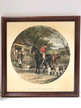 VINTAGE ARTWORK, PAINTED BY W.J. SHAYER, ENGRAVED BY E.G. HESTER, "HERE COME THE HOUNDS",  HORSE, RIDER. HOUNDS, HUNTING, THE MILL GALLERY