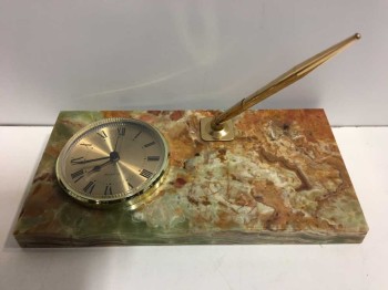 Pen Holder, Marble, Gold, Clock