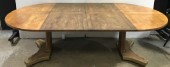 VINTAGE EXBANDABLE GAME TABLE, LEAF DIFFERENT COLOR THAN TABLE, PEDESTAL TABLE, ROUND TO OVAL, BRASS ACCENT LEGS, MEASUREMENTS WITH LEAF: 7'W X 3'8