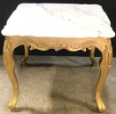MARBLE TOP SIDE TABLE, ORNATE CARVED GOLD WOODEN BASE