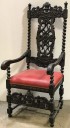 VINTAGE CARVED WOOD THRONE CHAIR, CHERUB/IMP/LADY CARVED IN, RED LEATHER CUSHION, 2 AVAILABLE