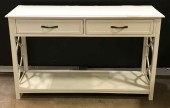 Two Drawer White Credenza Table With Trellis Motif Joining Side Legs