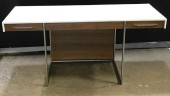 BDI Modern Office Desk With Natural Walnut Stain, Satin White Top, And Nickel Plated Steel Legs. Flip Down Multifunction Middle Drawer For Keyboard, Mouse, Etc.