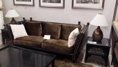 8' X 3' X 3' Fabric Cusions With Black Leather Button Tufted Reclining Arms