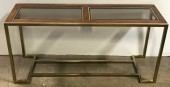 80's Console Credenza Table Brass Legs, Wood, Glass Inserts