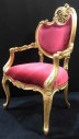 French Gold Accent Chair, Ornate, Luxurious, Red Velvet Seat, Trellis And Floral Accent, Set Of Two