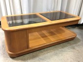 VINTAGE COFFEE TABLE, 2 PANES OF GLASS, ON WHEELS