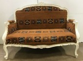 Kudzu Patterned Tribal Carved Wood Settee Bench With Floral Detal On Frame