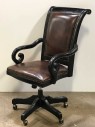 VINTAGE LEATHER ROLLING OFFICE CHAIR, ON WHEELS, ADJUSTABLE HEIGHT, PAIRED WITH EXECUTIVE DESK PS035258