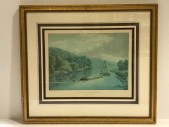 VINTAGE ARTWORK, CLEARED, ENGRAVING, CLIFTON SPRING AND WOODS NEAR MAIDENHEAD, ENGRAVED BY R HARRELL, LONDON, PUBLISHED AUGUST 1ST 1818 BY THOMAS MCCLEAN, O'KARMA JONES COMPANY, INC, LAKE, BOATS, SCENIC