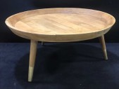 Rustic Natural Wood Circular Coffee Table Tripod With Hammered Copper Leg Accents