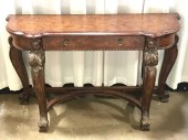 CARVED CONSOLE TABLE, BURLED TOP