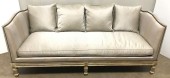 CREAM STRIPED SOFA WITH TAN STITCHING, DECORATIVE TRIM AROUND BASE, EXPOSED LEGS, WITH 4 ACCENT PILLOWS, LILLIAN AUGUST