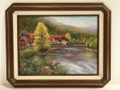 ARTWORK, CLEARED, VINTAGE, COTTAGE, VILLAGE, SCENIC, RIVER, OIL PAINTING