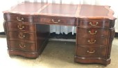 PARTNER DESK, ORNATE, INLAY ON DRAWERS, LEATHER TOP, EXECUTIVE