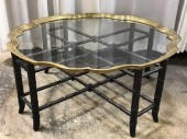 TABLE, ANTIQUE, GLASS METAL RIMMED TABLE TOP, FOLDING WOOD BASE