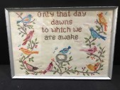 EMBROIDERED BIRDS HOME DECOR FRAMED WITH GLASS, VINTAGE, 